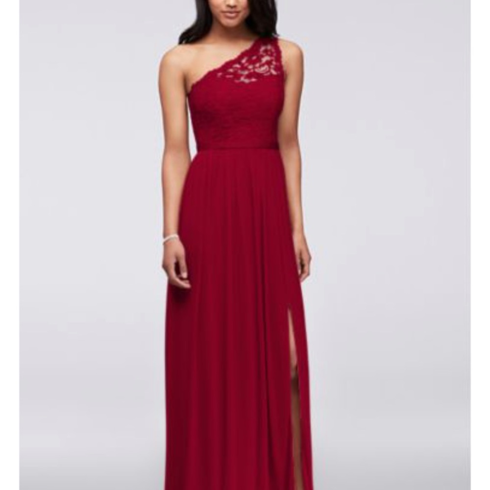Wine colored Long one shoulder lace bridesmaid dress